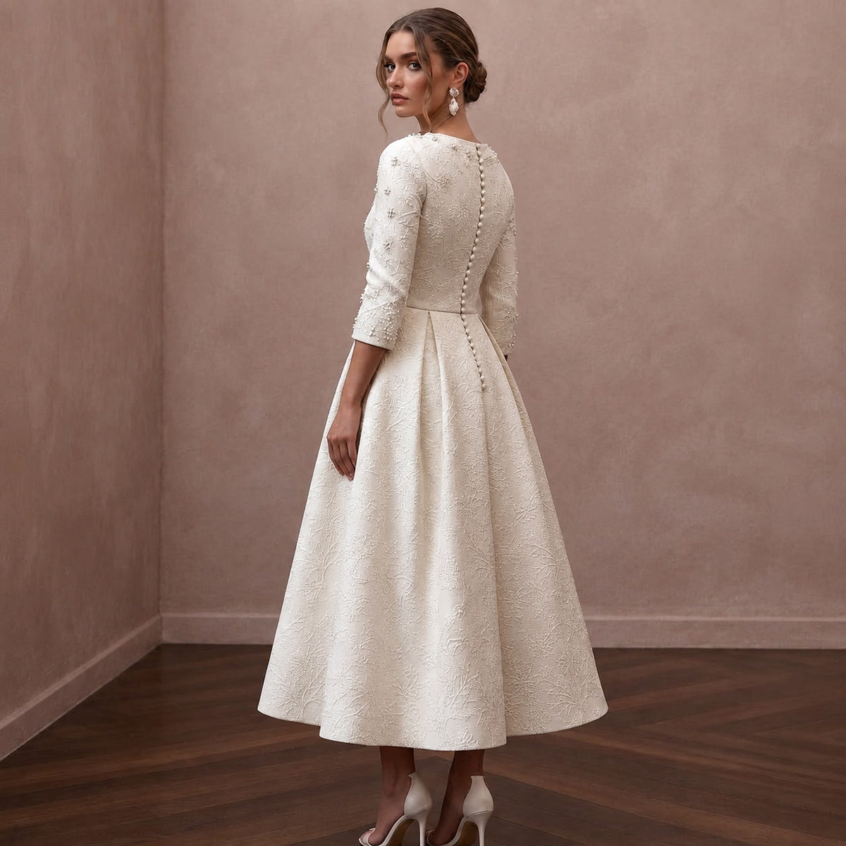 Textured Off - White Brocade Tea - Length for Winter Rehearsal - Apparel & Accessories > Clothing > Wedding & Bridal Party Dresses > Wedding Dresses - Mignonette Bridal