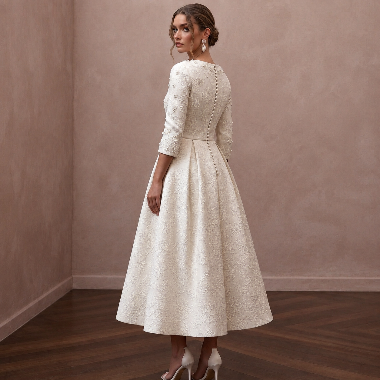 Textured Off-White Brocade Tea-Length for Winter Rehearsal