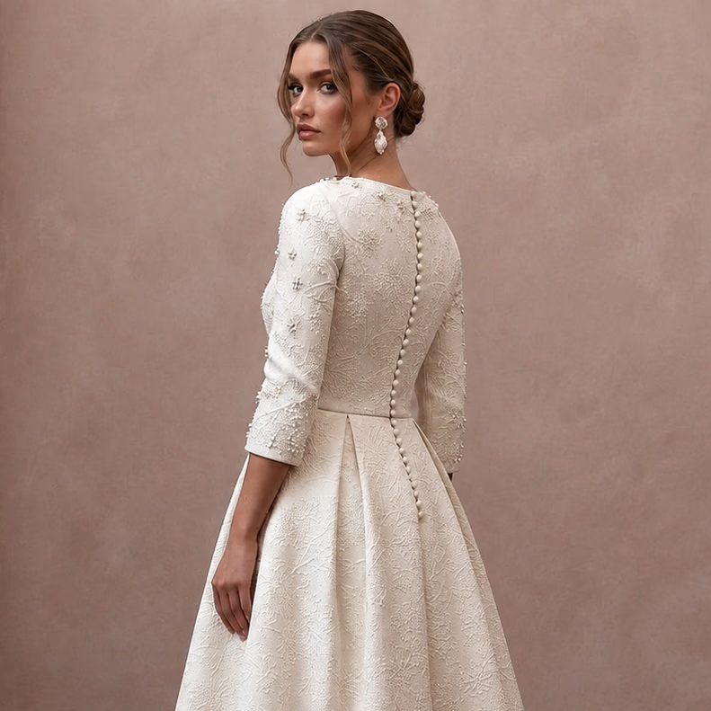 Textured Off - White Brocade Tea - Length for Winter Rehearsal - Apparel & Accessories > Clothing > Wedding & Bridal Party Dresses > Wedding Dresses - Mignonette Bridal