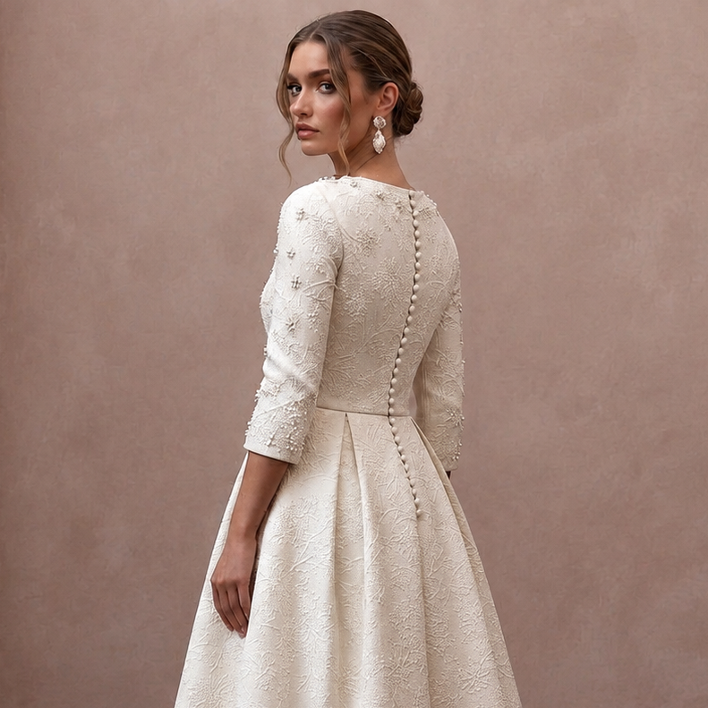 Textured Off-White Brocade Tea-Length for Winter Rehearsal
