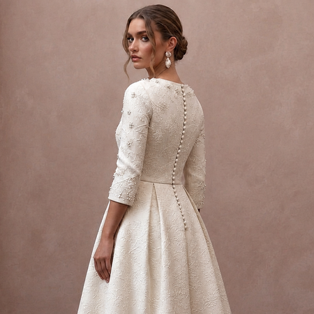Textured Off-White Brocade Tea-Length for Winter Rehearsal
