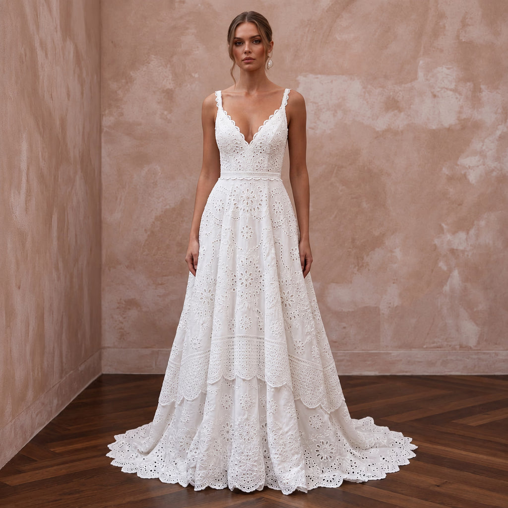Textured White Broderie Anglaise Bridal Dress for Garden Reception