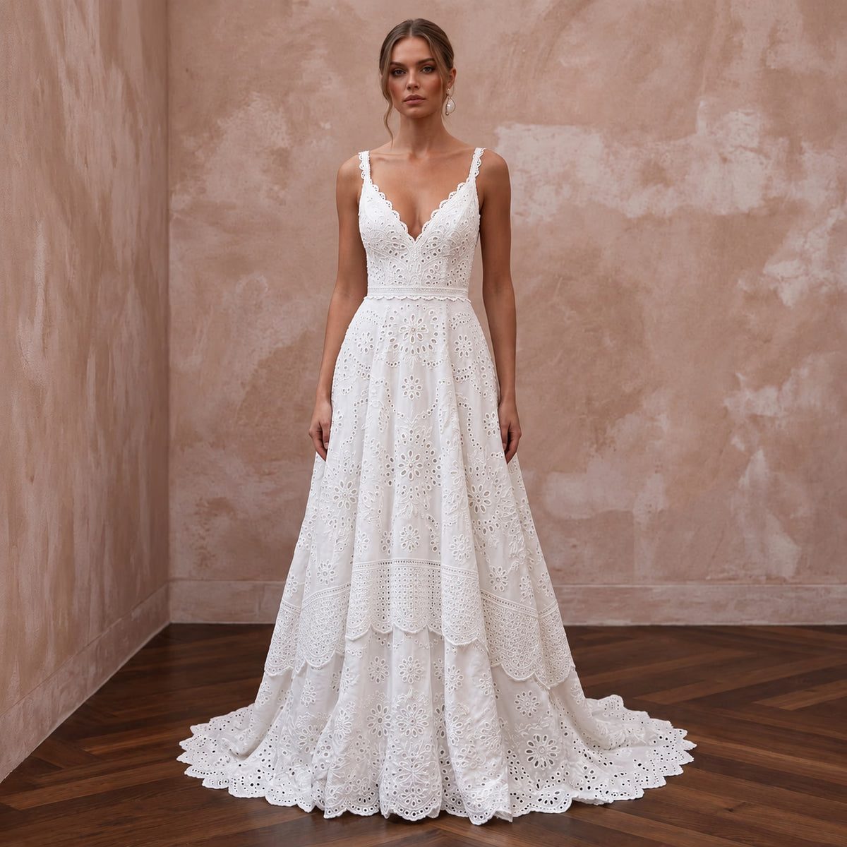 Textured White Broderie Anglaise Bridal Dress for Garden Reception