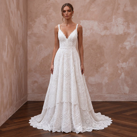 Textured White Broderie Anglaise Bridal Dress for Garden Reception