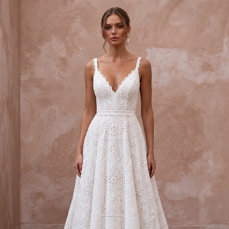 Textured White Broderie Anglaise Bridal Dress for Garden Reception