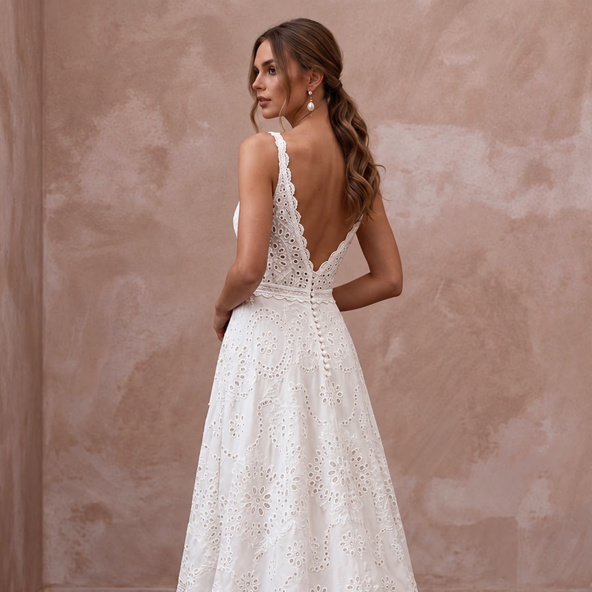 Textured White Broderie Anglaise Bridal Dress for Garden Reception