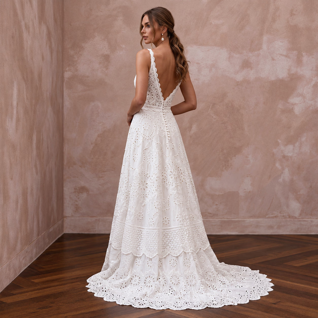 Textured White Broderie Anglaise Bridal Dress for Garden Reception Secondary image
