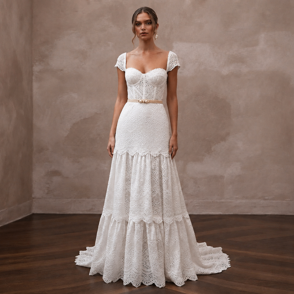 Textured White Broderie Anglaise Dress for Garden Reception