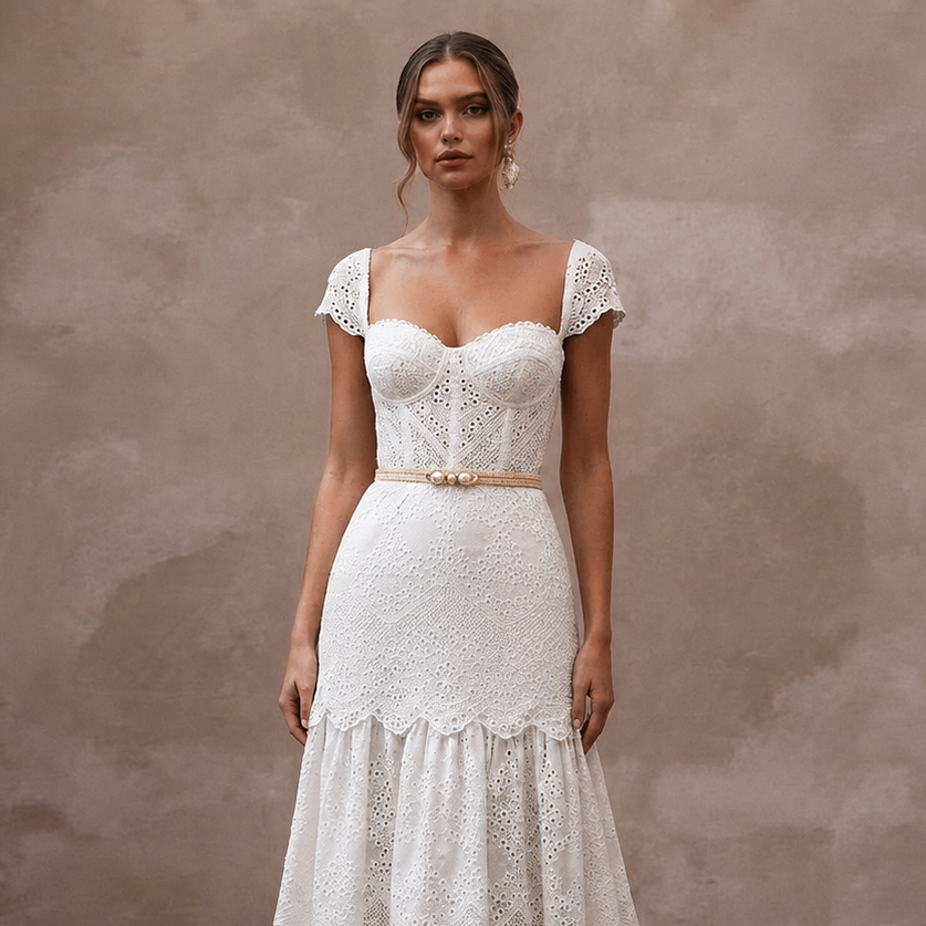 Textured White Broderie Anglaise Dress for Garden Reception