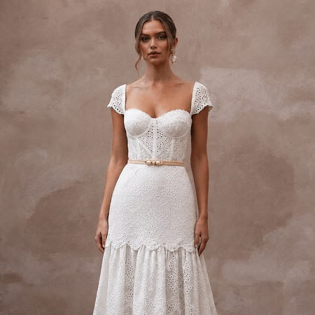 Textured White Broderie Anglaise Dress for Garden Reception