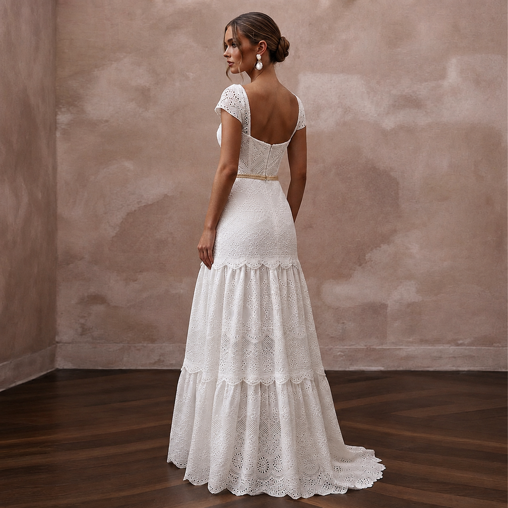 Textured White Broderie Anglaise Dress for Garden Reception