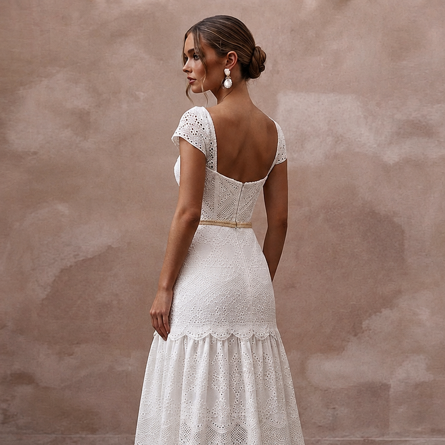 Textured White Broderie Anglaise Dress for Garden Reception