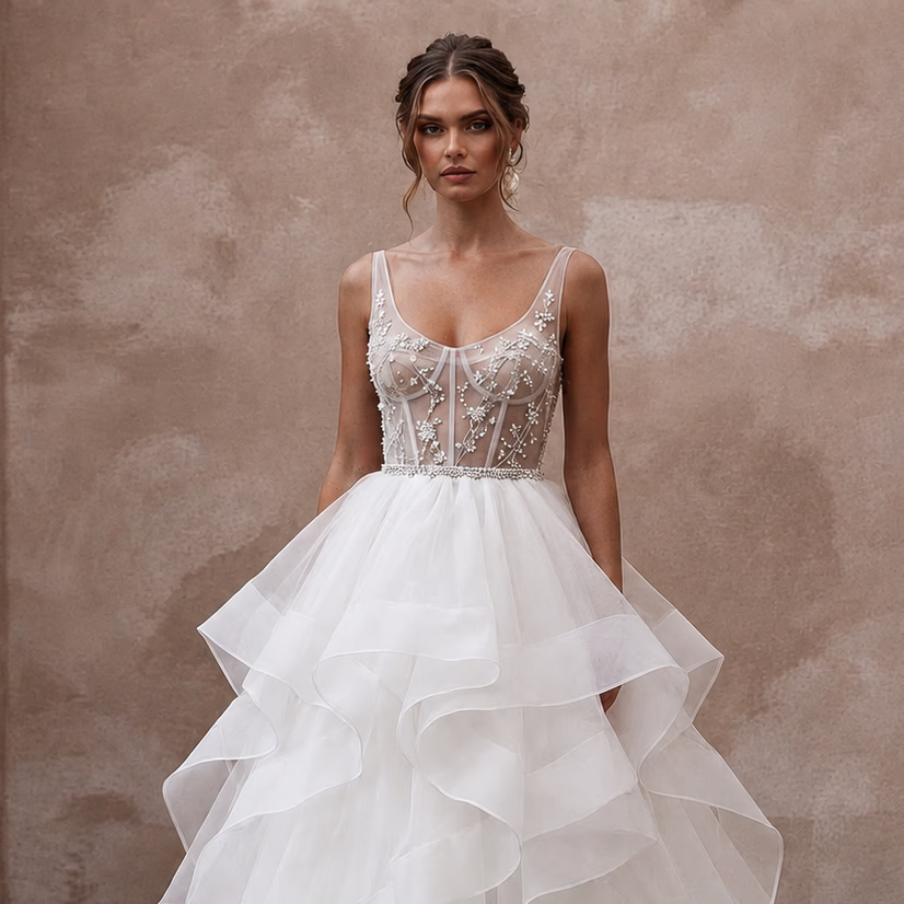 Tiered White Organza Ball Gown Wedding Dress for First Anniversary Dinner - Apparel & Accessories > Clothing > Wedding & Bridal Party Dresses > Wedding Dresses - Mignonette Bridal