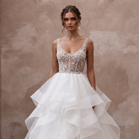 Tiered White Organza Ball Gown Wedding Dress for First Anniversary Dinner - Apparel & Accessories > Clothing > Wedding & Bridal Party Dresses > Wedding Dresses - Mignonette Bridal