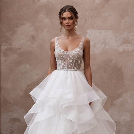 Tiered White Organza Ball Gown Wedding Dress for First Anniversary Dinner