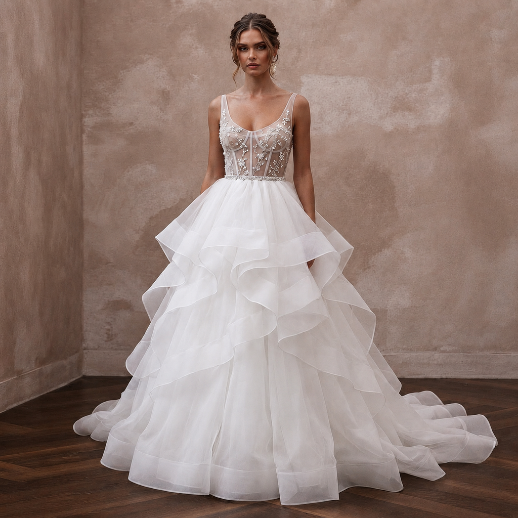Tiered White Organza Ball Gown Wedding Dress for First Anniversary Dinner
