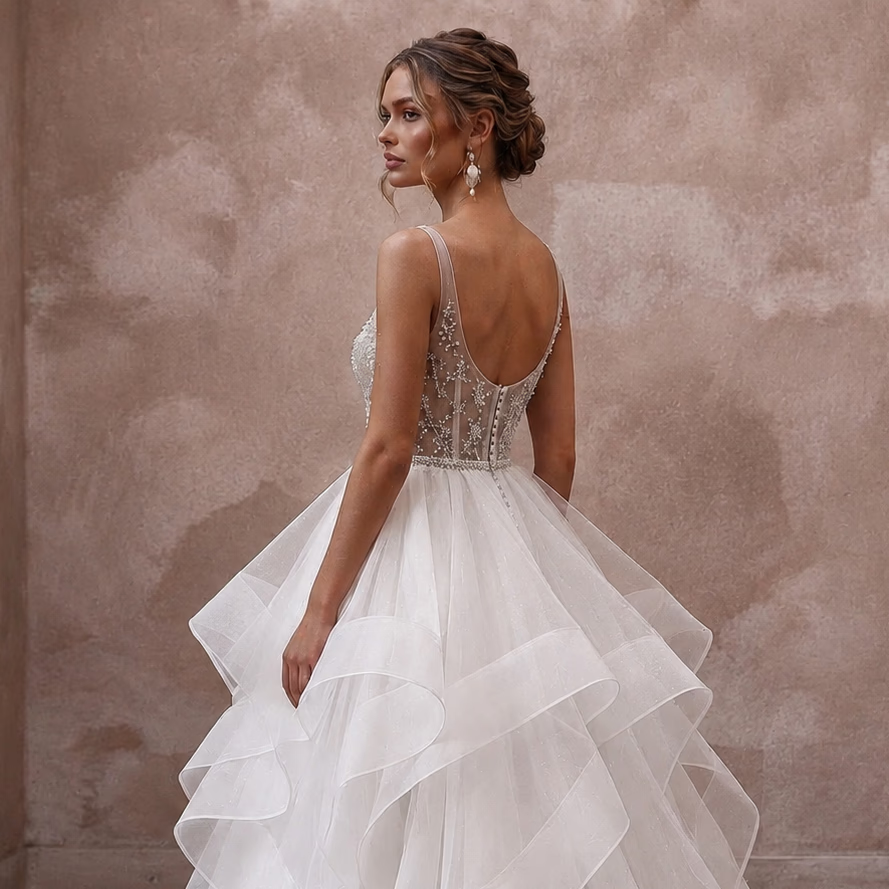 Tiered White Organza Ball Gown Wedding Dress for First Anniversary Dinner - Apparel & Accessories > Clothing > Wedding & Bridal Party Dresses > Wedding Dresses - Mignonette Bridal
