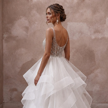 Tiered White Organza Ball Gown Wedding Dress for First Anniversary Dinner - Apparel & Accessories > Clothing > Wedding & Bridal Party Dresses > Wedding Dresses - Mignonette Bridal
