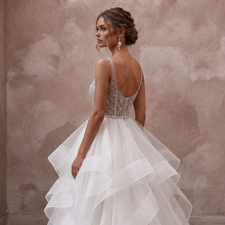 Tiered White Organza Ball Gown Wedding Dress for First Anniversary Dinner