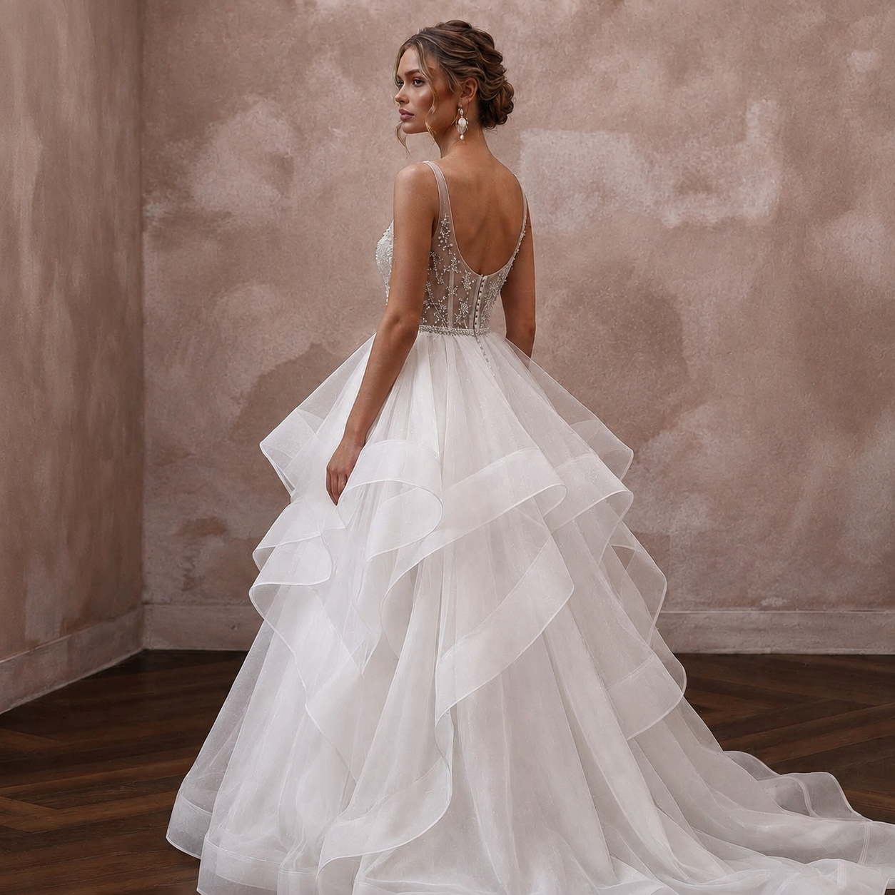 Tiered White Organza Ball Gown Wedding Dress for First Anniversary Dinner