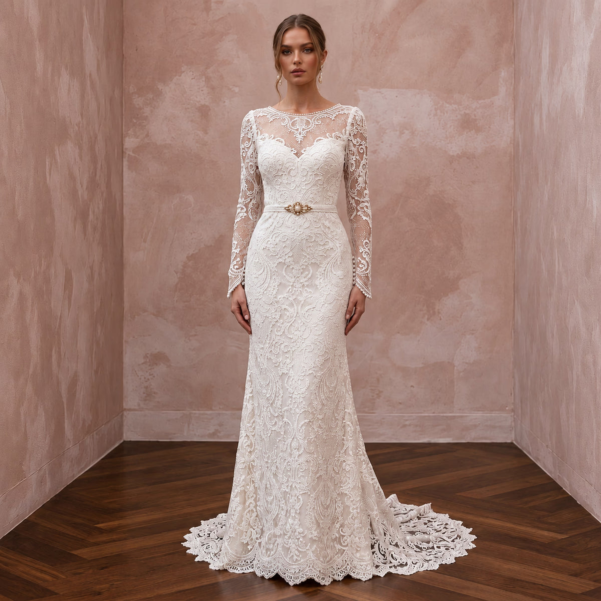 Timeless Antique White Alençon Lace Long Sleeve Bridal Gown for Second Wedding
