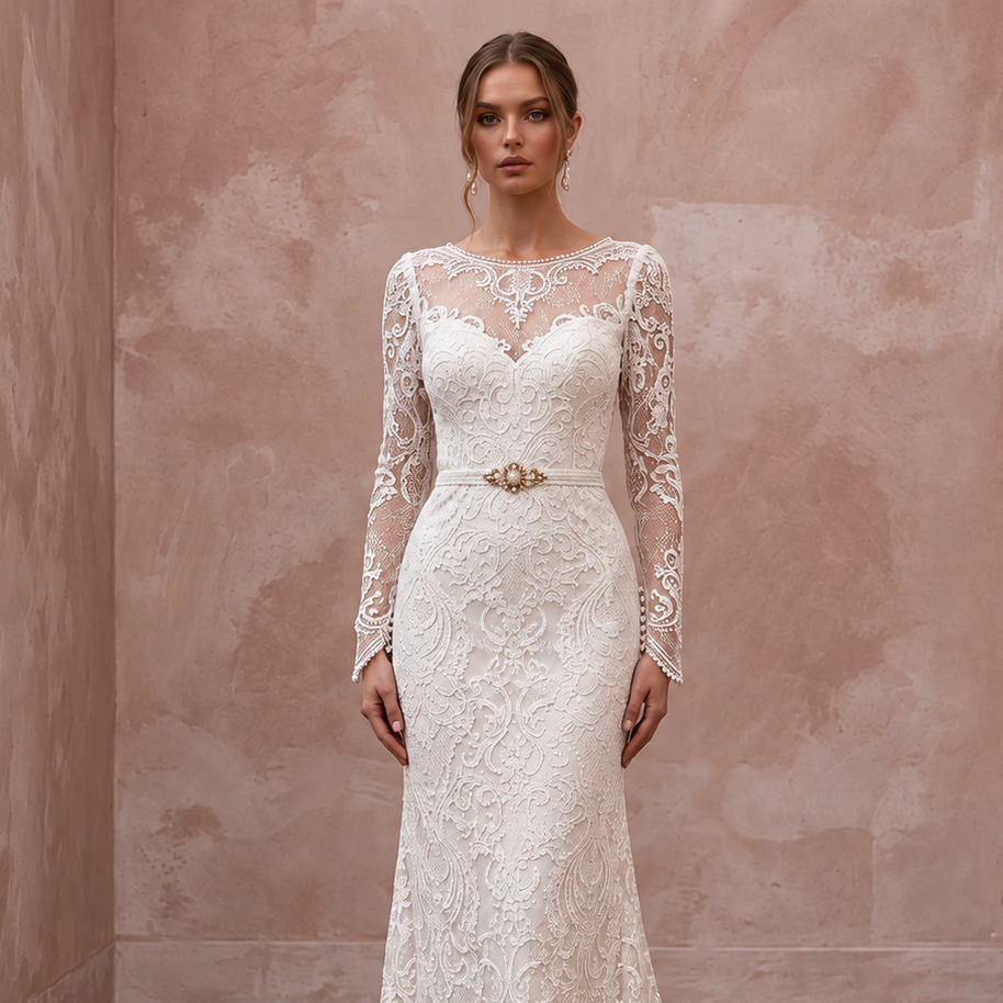 Timeless Antique White Alençon Lace Long Sleeve Bridal Gown for Second Wedding