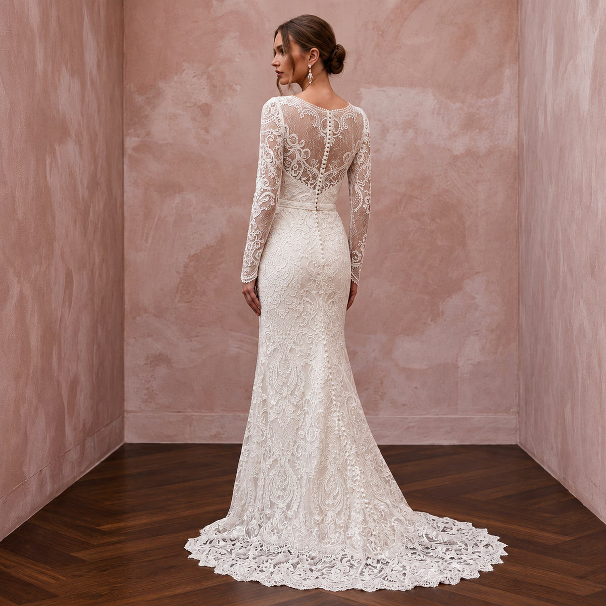 Timeless Antique White Alençon Lace Long Sleeve Bridal Gown for Second Wedding
