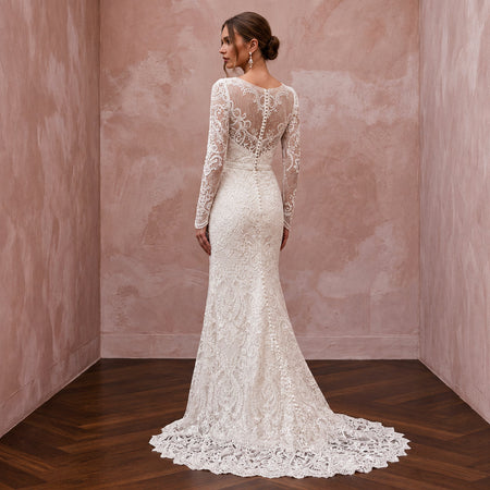 Timeless Antique White Alençon Lace Long Sleeve Bridal Gown for Second Wedding