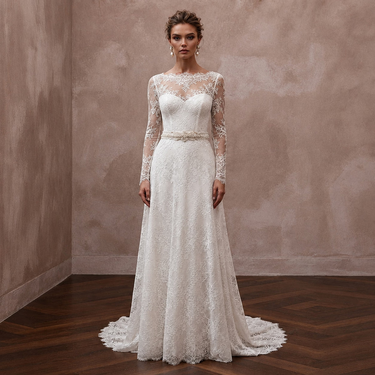 Timeless Antique White Alençon Lace Long Sleeve for Second Wedding - Apparel & Accessories > Clothing > Wedding & Bridal Party Dresses > Wedding Dresses - Mignonette Bridal Main image