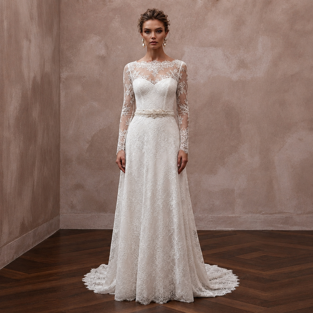 Timeless Antique White Alençon Lace Long Sleeve for Second Wedding