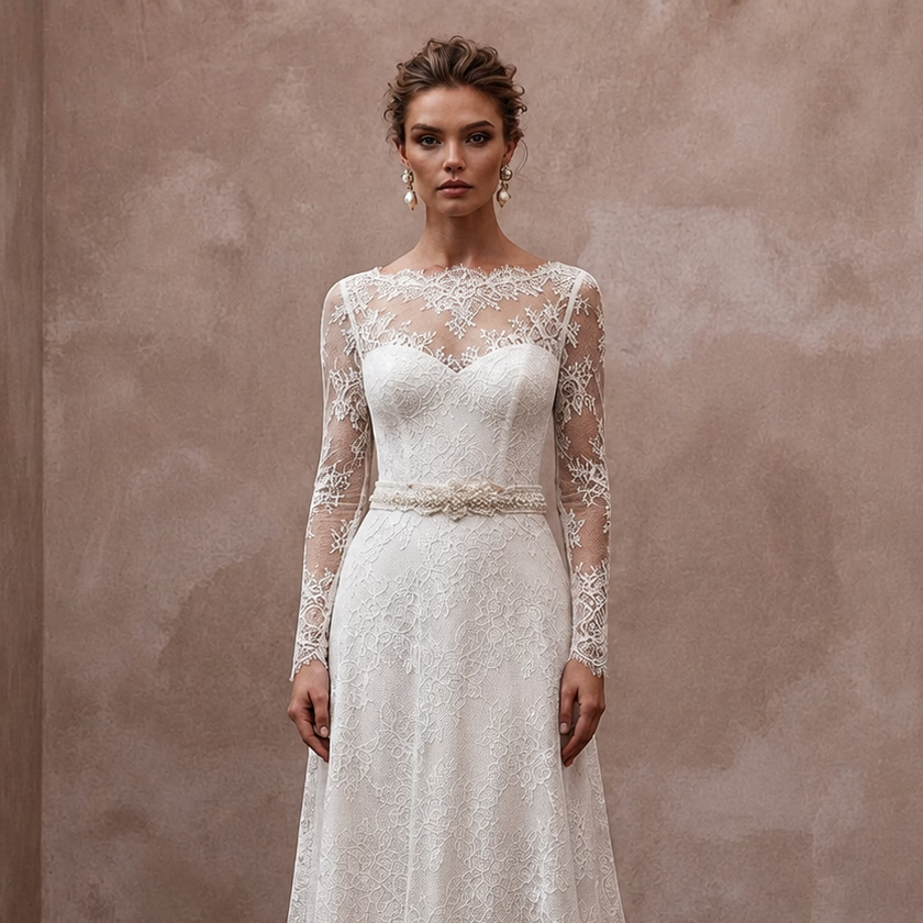 Timeless Antique White Alençon Lace Long Sleeve for Second Wedding - Apparel & Accessories > Clothing > Wedding & Bridal Party Dresses > Wedding Dresses - Mignonette Bridal