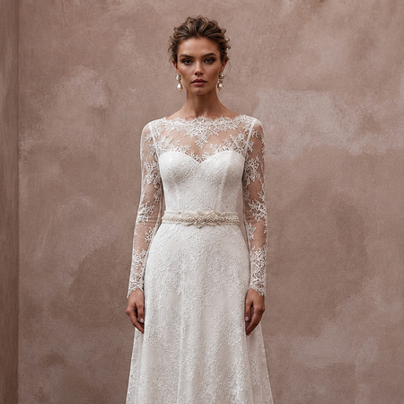 Timeless Antique White Alençon Lace Long Sleeve for Second Wedding