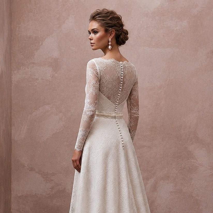 Timeless Antique White Alençon Lace Long Sleeve for Second Wedding - Apparel & Accessories > Clothing > Wedding & Bridal Party Dresses > Wedding Dresses - Mignonette Bridal