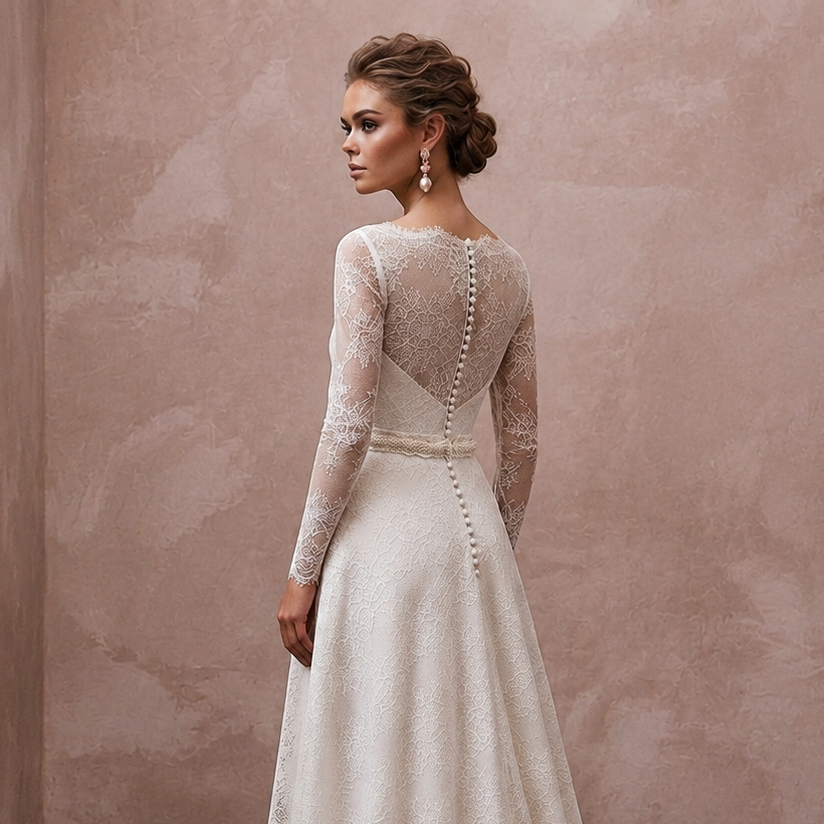 Timeless Antique White Alençon Lace Long Sleeve for Second Wedding