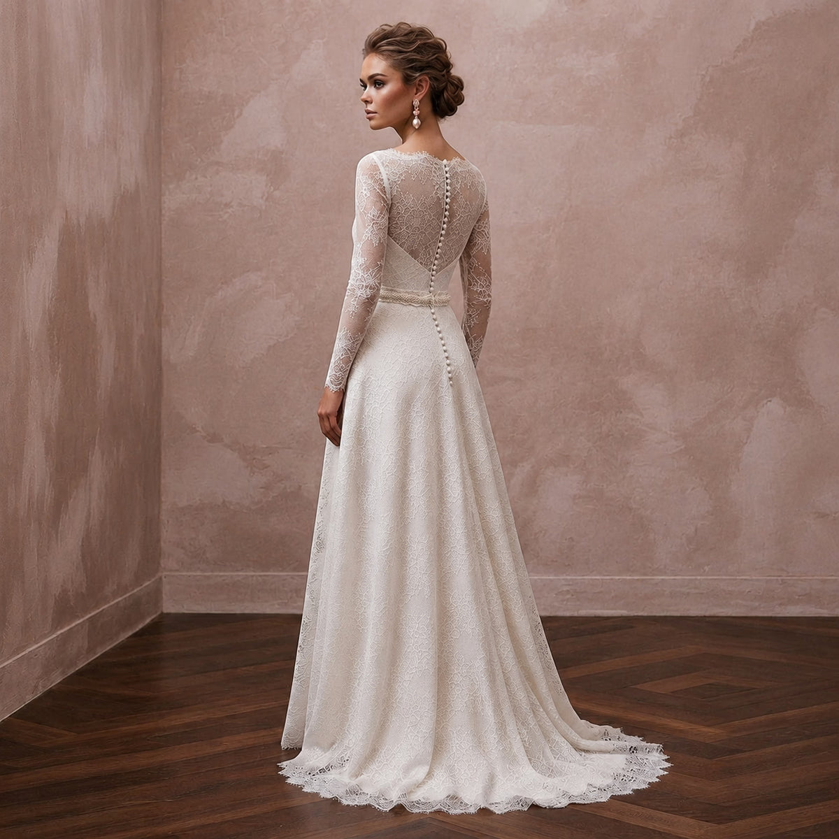 Timeless Antique White Alençon Lace Long Sleeve for Second Wedding - Apparel & Accessories > Clothing > Wedding & Bridal Party Dresses > Wedding Dresses - Mignonette Bridal