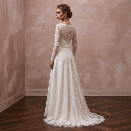 Timeless Antique White Alençon Lace Long Sleeve for Second Wedding - Apparel & Accessories > Clothing > Wedding & Bridal Party Dresses > Wedding Dresses - Mignonette Bridal