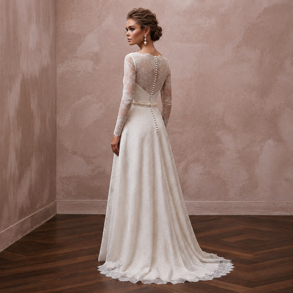 Timeless Antique White Alençon Lace Long Sleeve for Second Wedding