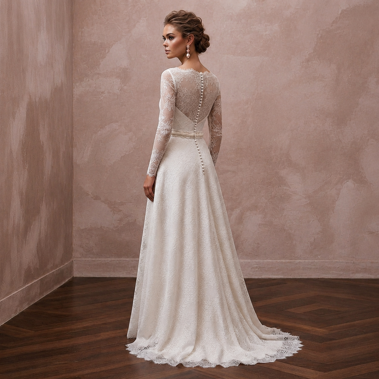 Timeless Antique White Alençon Lace Long Sleeve for Second Wedding