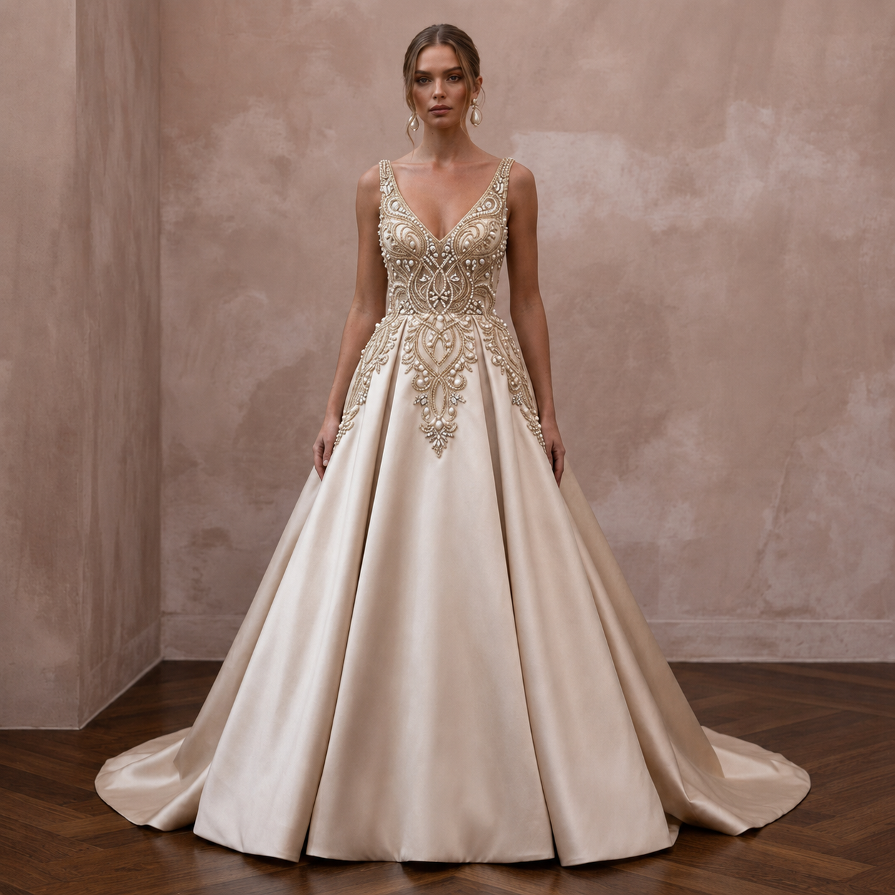 Timeless Champagne Mikado A-Line Bridal Gown for Vow Renewal