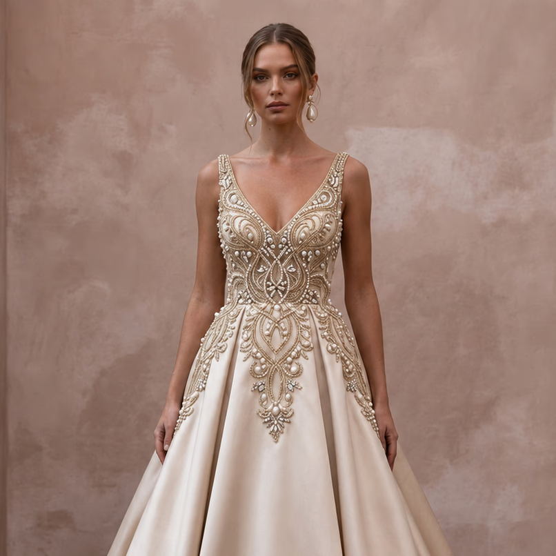 Timeless Champagne Mikado A - Line Bridal Gown for Vow Renewal - Apparel & Accessories > Clothing > Wedding & Bridal Party Dresses > Wedding Dresses - Mignonette Bridal