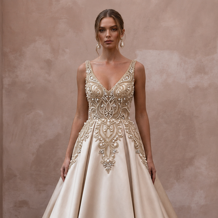 Timeless Champagne Mikado A-Line Bridal Gown for Vow Renewal