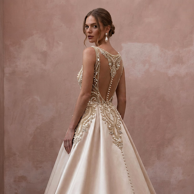Timeless Champagne Mikado A - Line Bridal Gown for Vow Renewal - Apparel & Accessories > Clothing > Wedding & Bridal Party Dresses > Wedding Dresses - Mignonette Bridal