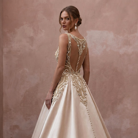 Timeless Champagne Mikado A - Line Bridal Gown for Vow Renewal - Apparel & Accessories > Clothing > Wedding & Bridal Party Dresses > Wedding Dresses - Mignonette Bridal