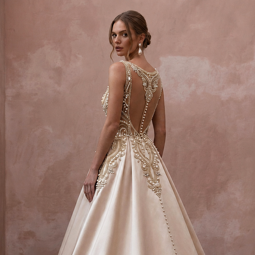 Timeless Champagne Mikado A-Line Bridal Gown for Vow Renewal