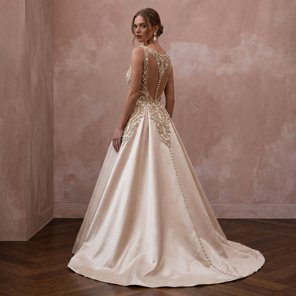 Timeless Champagne Mikado A - Line Bridal Gown for Vow Renewal - Apparel & Accessories > Clothing > Wedding & Bridal Party Dresses > Wedding Dresses - Mignonette Bridal