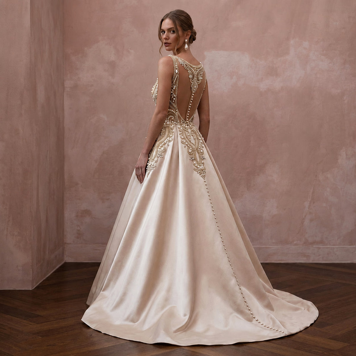 Timeless Champagne Mikado A - Line Bridal Gown for Vow Renewal - Apparel & Accessories > Clothing > Wedding & Bridal Party Dresses > Wedding Dresses - Mignonette Bridal