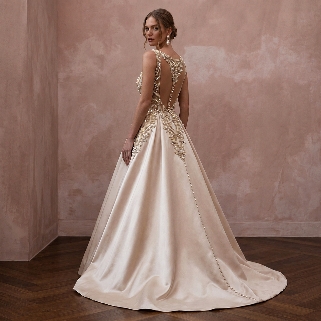 Timeless Champagne Mikado A-Line Bridal Gown for Vow Renewal