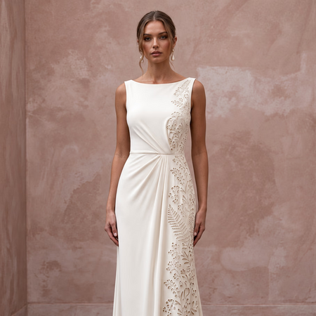 Timeless Cream Jersey Sheath Wedding Dress for Surprise Proposal Party