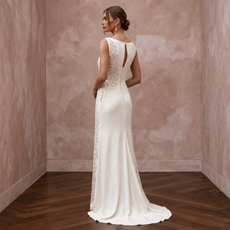 Timeless Cream Jersey Sheath Wedding Dress for Surprise Proposal Party