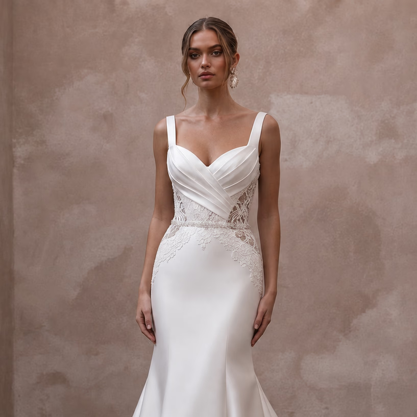 Timeless Diamond White Satin Fit - and - Flare Bridal Gown for Church Elopement - Apparel & Accessories > Clothing > Wedding & Bridal Party Dresses > Wedding Dresses - Mignonette Bridal